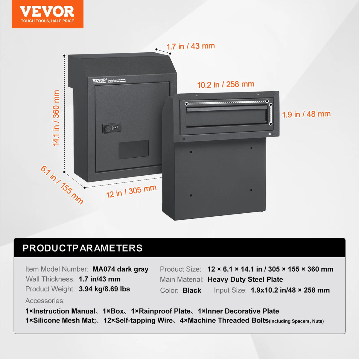 SucceBuy Through The Door Key Drop Box Heavy Duty Steel Plate Through the Door Mailbox with 12" Combination Lock Mail Drop Box
