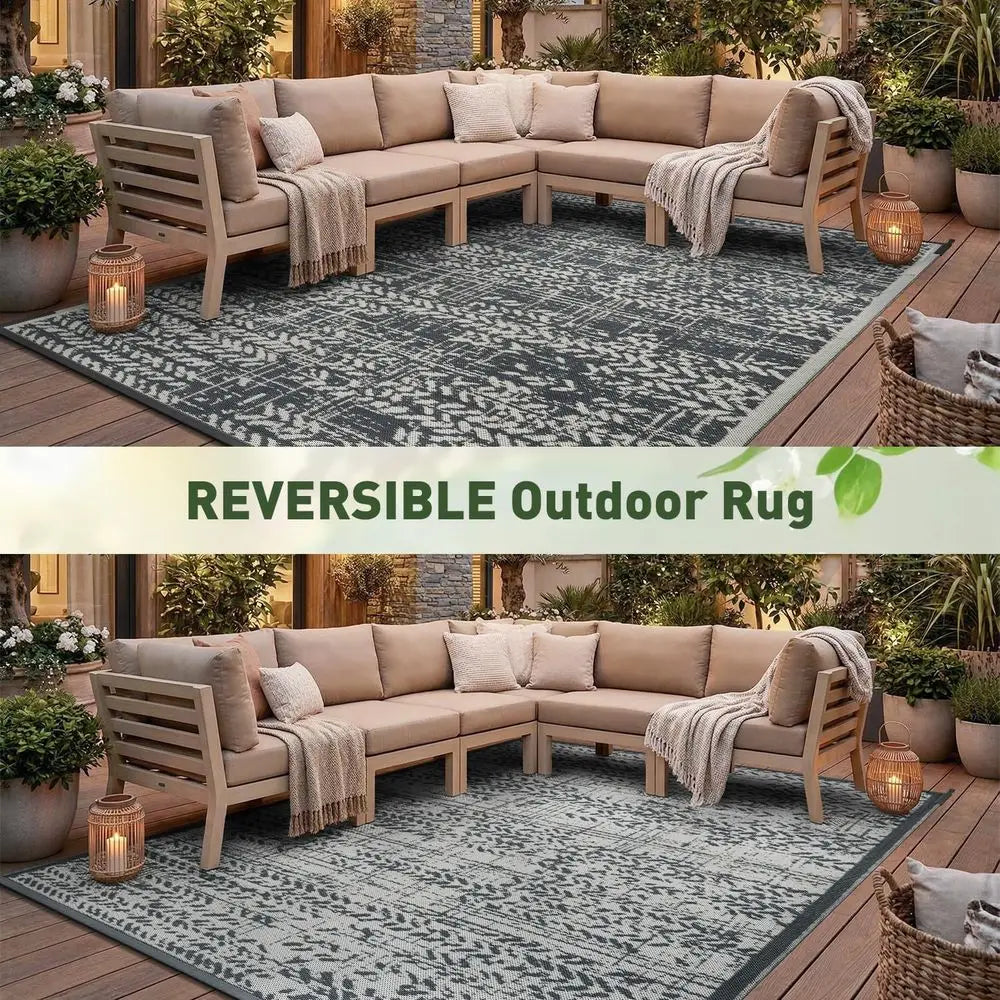 Waterproof Patio Rug Mat Outdoor RV Camping Picnic Beach Mat Plastic Straw Rugs Area Rugs for Balcony Deck Backyard Grey
