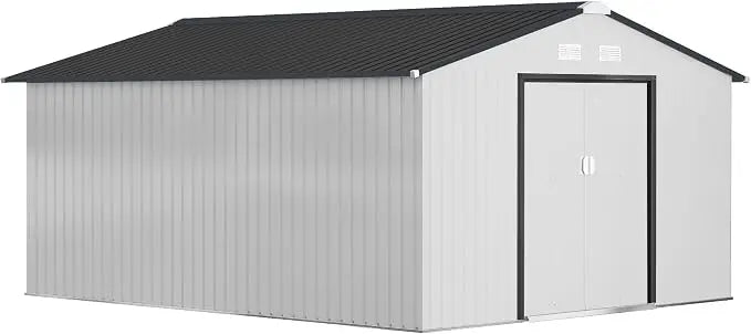 Outdoor Storage Shed, Garden Tool Metal Shed with Foundation Kit, Double Lockable Door, Air Vents and Sloping Roof, for Backyard, Patio, Lawn, Light Gray