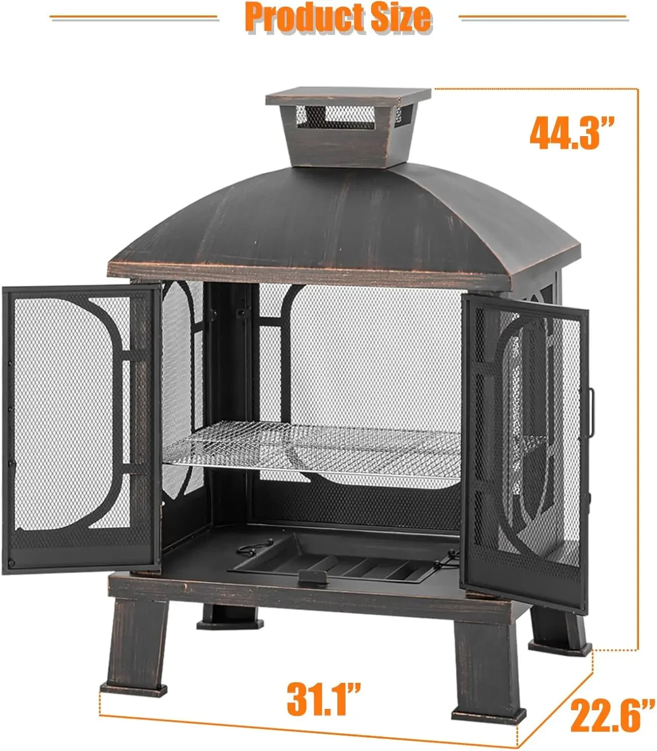 45" H×31''W Metal Chiminea Fire Pit with Grill, Wood Burning Fire Pits for Outside,Square Chimineas Fireplace with Mesh Spark Sc
