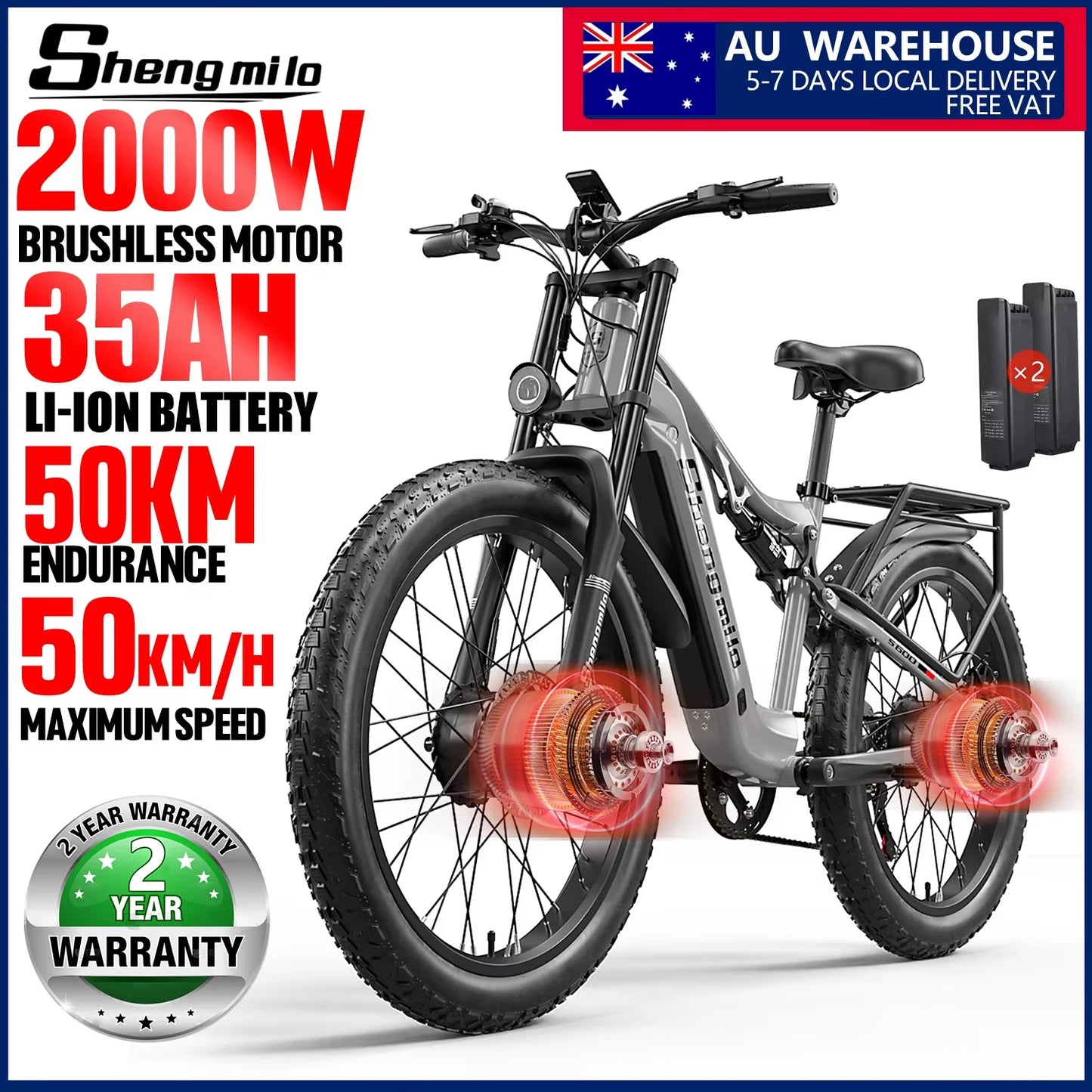 Shengmilo S600 26 inches adult electric mountain bike, 2000W dual motor ebike 7-speed electric bicycle,Fat Tire ebike17.5ah