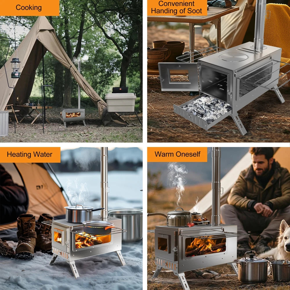 Portable Wood Burning Stove Stainless Steel Outdoor Cooking Heater Log Burner with 7 Chimney Pipes
