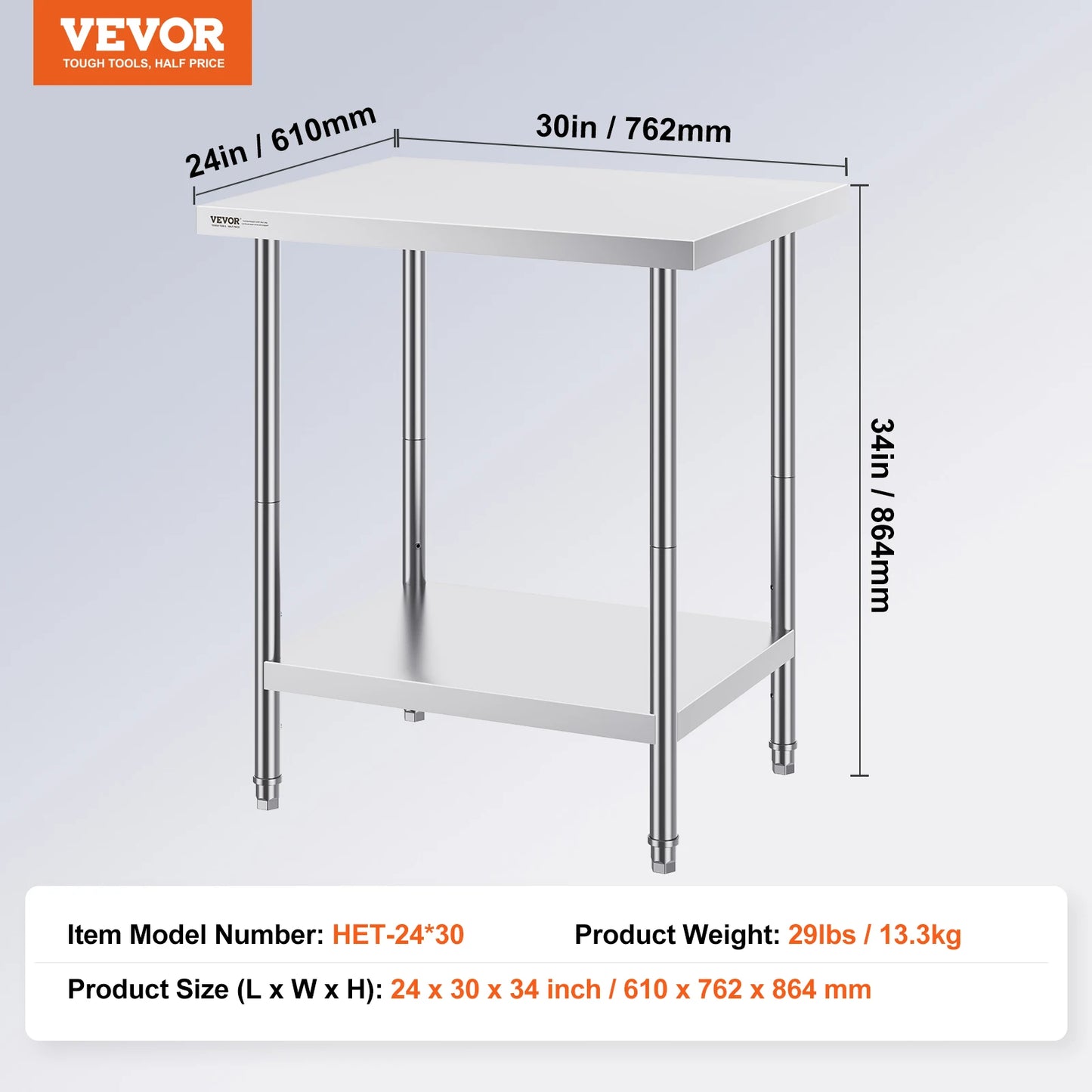 VEVOR Stainless Steel Prep Table High Load Bearing with Undershelf Commercial Workstation for Kitchen Garage Restaurant Backyard