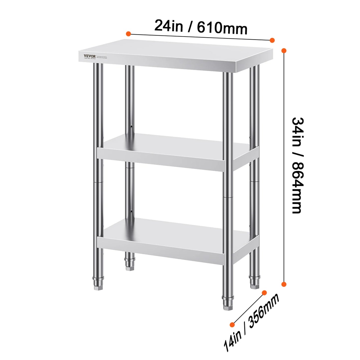 Stainless Steel Food Prep Table Commercial Kitchen Worktable with 2 Adjustable Undershelf for BBQ Kitchen Home Garage