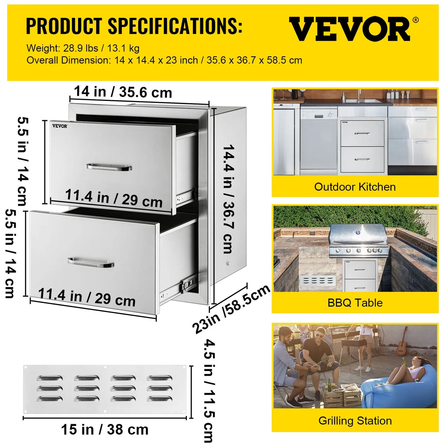 Stainless Steel Outdoor Kitchen Drawers W/ Handle Large Storage BBQ Island Great for Any Weather Condition