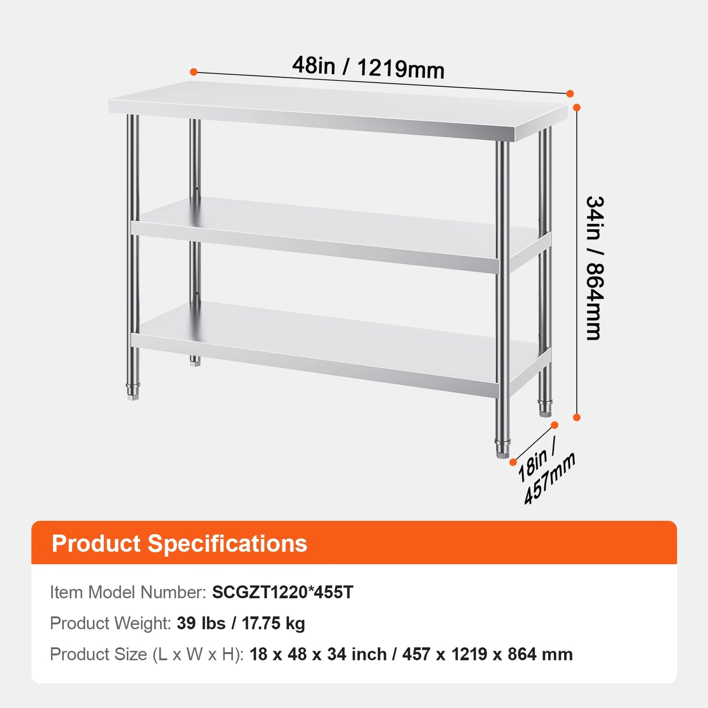 Stainless Steel Food Prep Table Commercial Kitchen Worktable with 2 Adjustable Undershelf for BBQ Kitchen Garage
