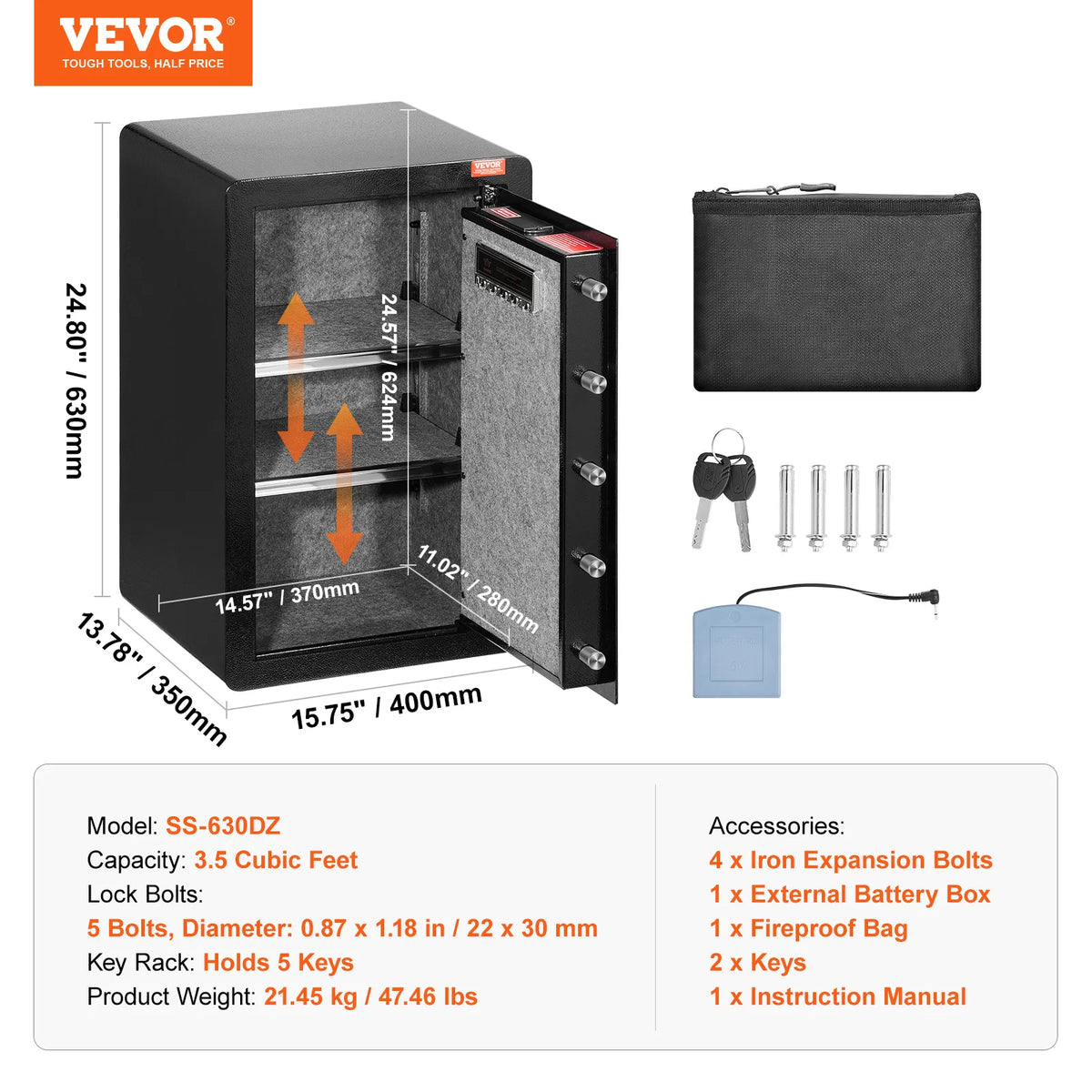 Single Door 4.0 cu.ft Safe Box w/ Key Lock Password & Fingerprint Safe Lock Box with Fireproof Bag Key Rack & LED Light