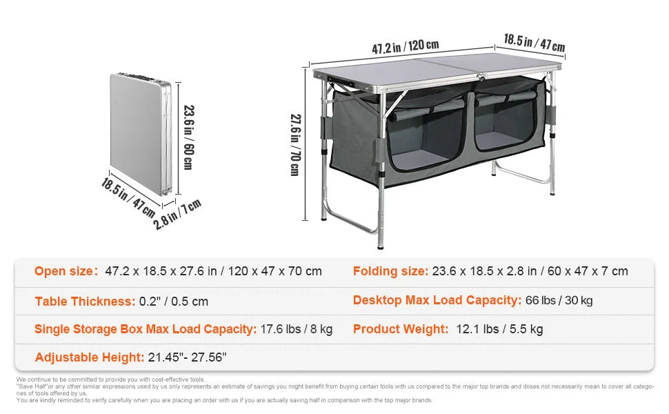 Folding Picnic Table Kitchen Camping Cupboards Aluminum Suitcase Table with Storage Bag Adjustable Height for Outdoor