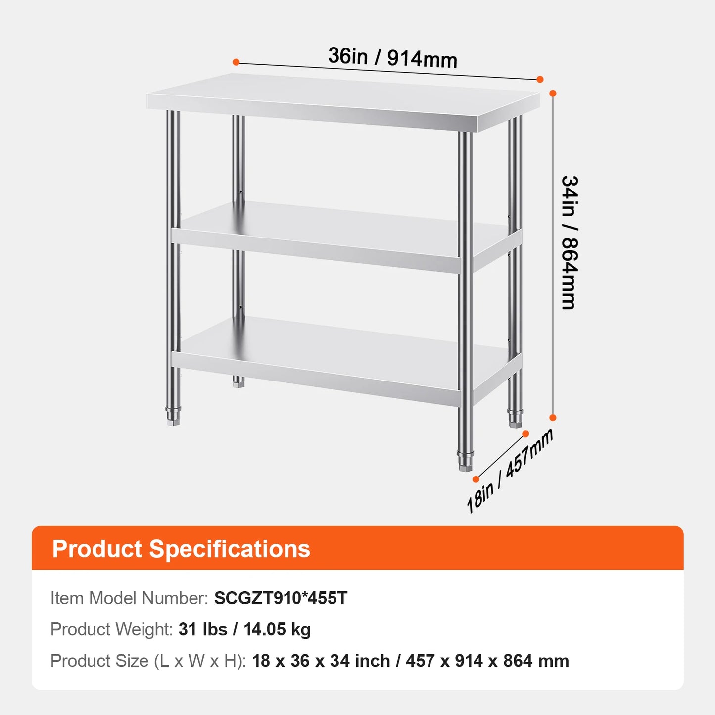 SucceBuy Stainless Steel Food Prep Table Commercial Kitchen Worktable with 2 Adjustable Undershelf for BBQ Kitchen Garage