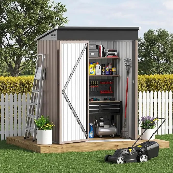 Outdoor Storage Shed with 3 Lockable Doors & 14mm PP Floor | 7.5x4 FT Metal Garden Shed with Floor, Outdoor Storage Cabinet with Sloping Roof for Backyard, Black