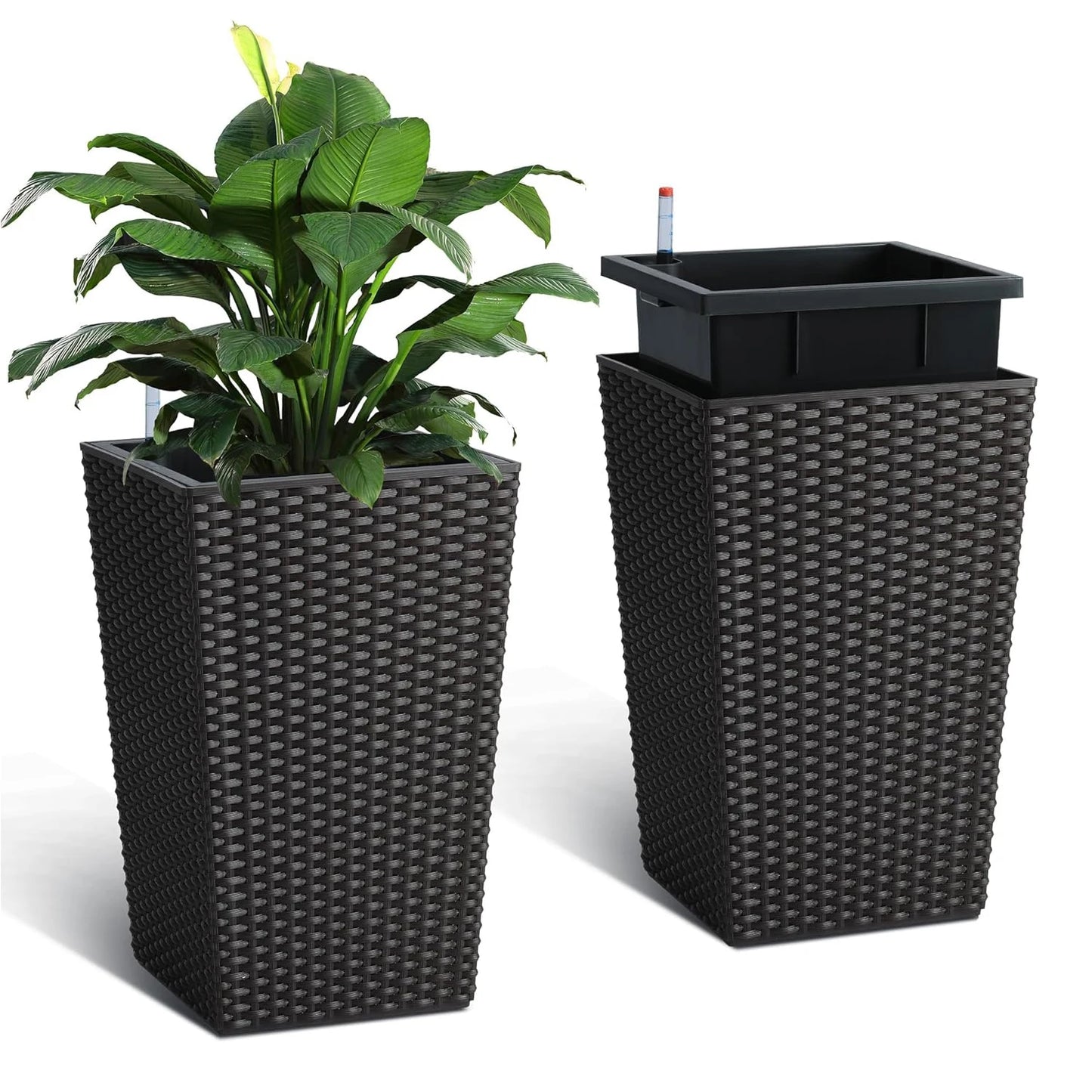 16inch/22.5inch Tall Rattan Planter Set of 2 Outdoor and Indoor Plant Pots with Water Level Monitor & Wheels, Large Flower Pot