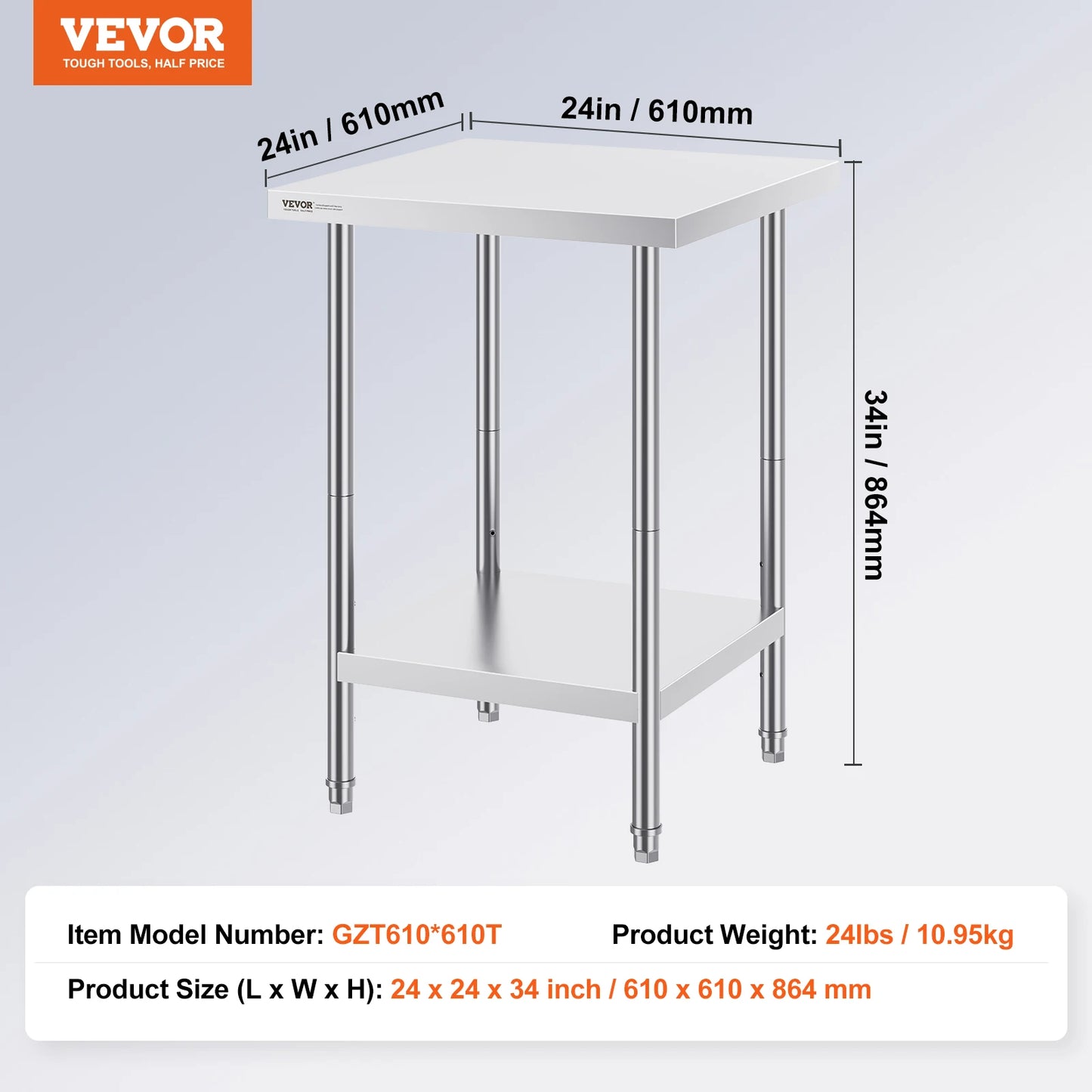 Stainless Steel Prep Table High Load Bearing with Undershelf Commercial Workstation for Kitchen Garage Restaurant Backyard