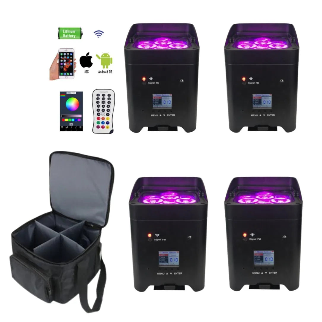 4pcs LED Battery Powered Par Light with bag or 8pcs 6*18w RGBWAUV 6in1 Light with Flightcase Auto/Sound/DMX/Wifi/APP/Remote
