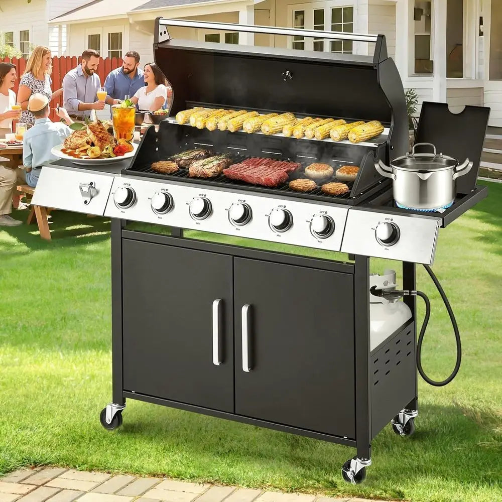 Upgraded 60,000 BTU Stainless Steel Burner Barbecue Grill, 6 Burner BBQ Propane Gas Grill with Side Stove & Cast Iron Grates for