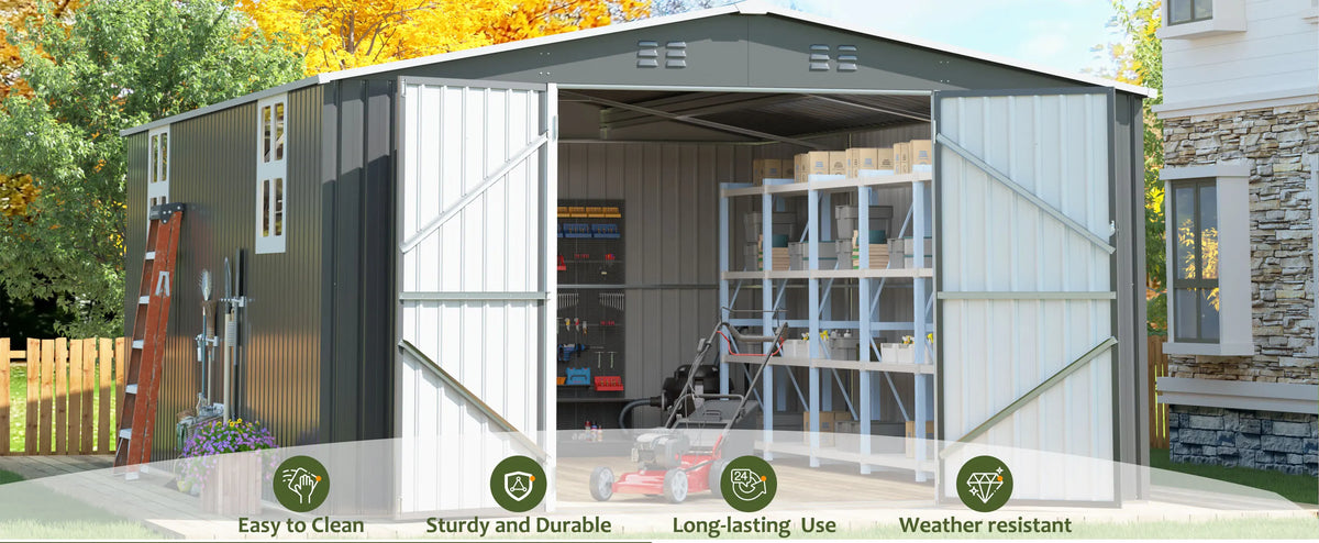 10x10~12x18FT Outdoor Metal Storage Heavy-Duty Frame Shed w/ Lockable Door, Heavy-Duty Tool Shed For Backyard Patio Graden