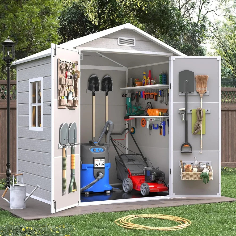 Resin Outdoor Storage Shed with Floor, 6x4.5 FT Plastic Garden Shed, Lockable Door & Window, Waterproof Tool Shed, Customized