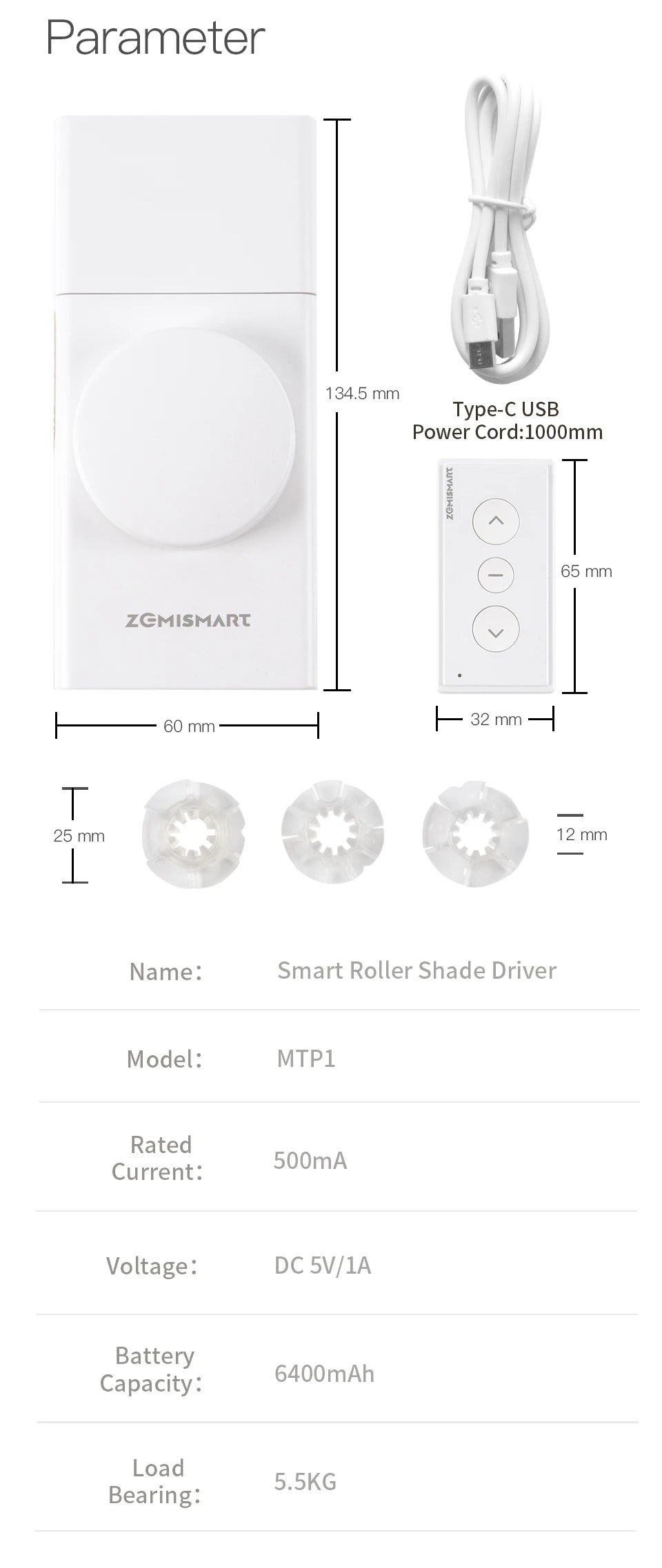 Matter Thread Smart Roller Shade Driver Built-in Battery Knob Control Work with Homekit Alexa Google Home Smartthings
