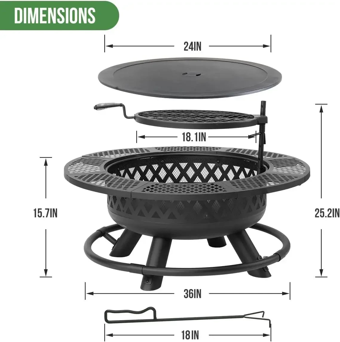 36 Inch Fire Pit with Grill,Wood Burning Fire Pits for Outside with Lid& Fire Poker,Round Metal Firepit Table 3 in 1 with Cookin