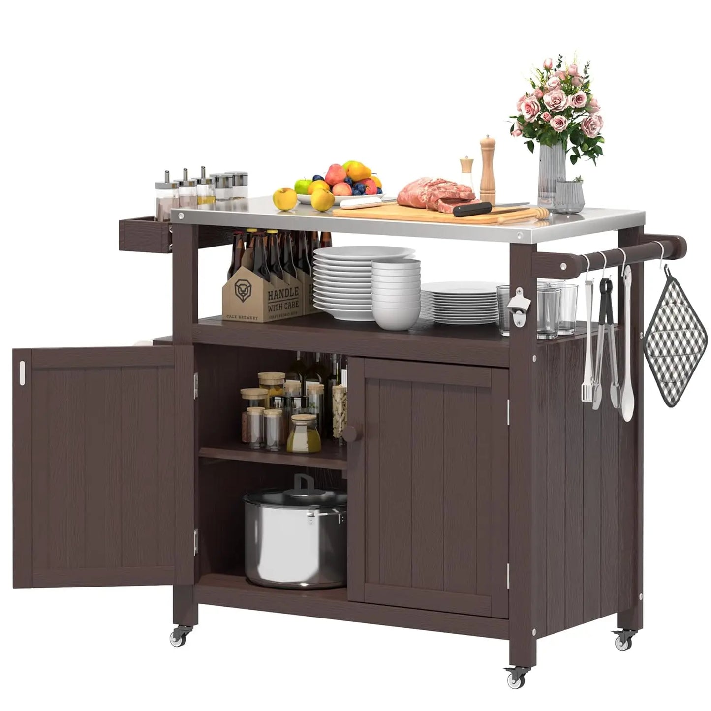 HIPS Outdoor Kitchen Island Stainless Top Cabinet Wheels BBQ Prep Brown, Customized