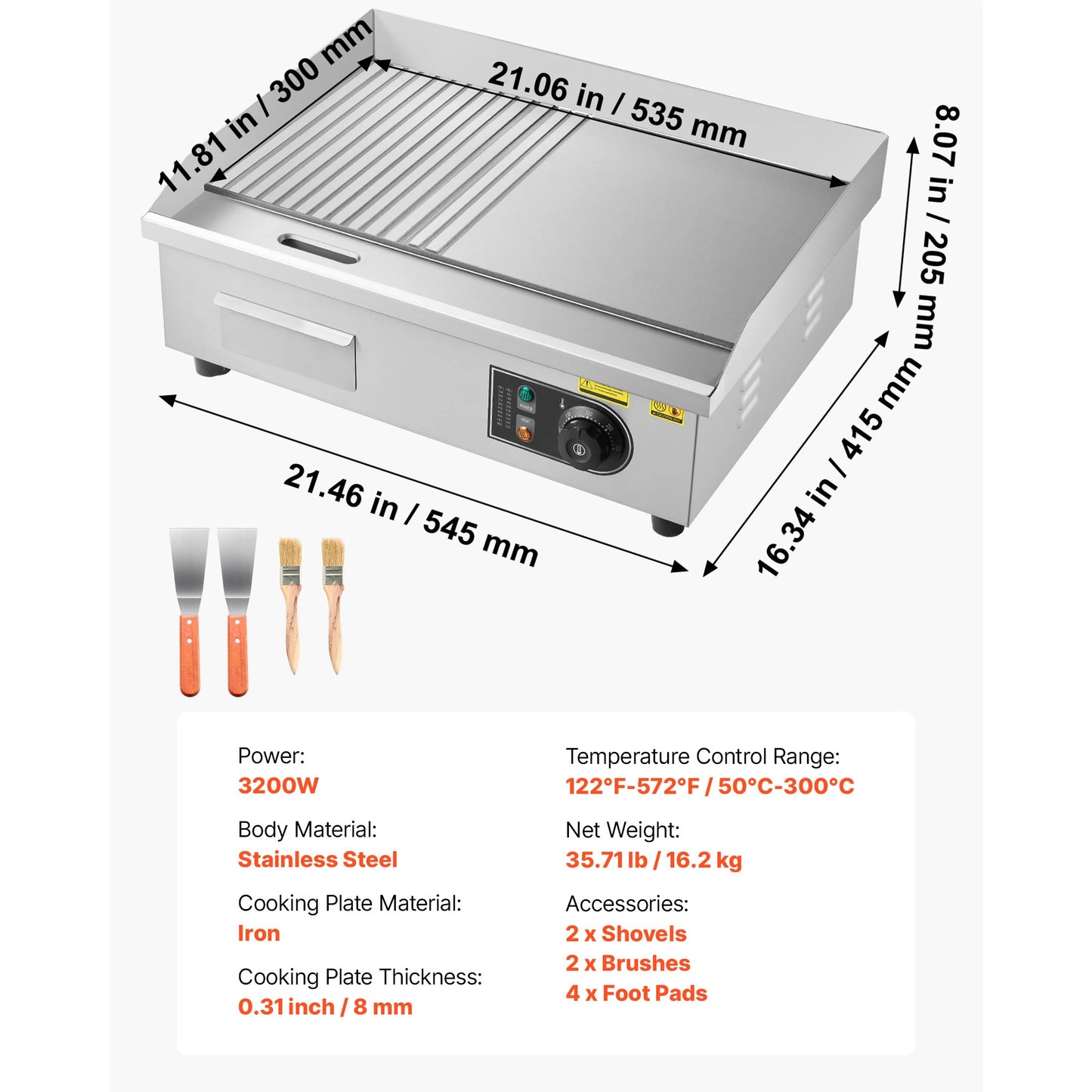 Commercial Electric Griddle 50-300°C Adjustable Temp Control, Stainless Steel Countertop Flat Top Grill for Steak Panc