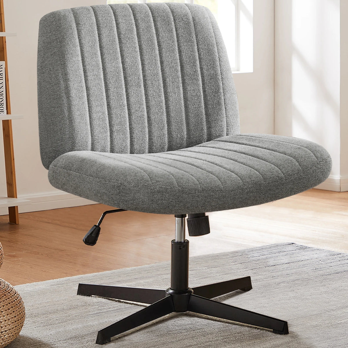 Cross Legged Office Living Room Rocking Gaming Chair Armless Wide Desk Adjustable Swivel Fabric Task Vanity Home Office