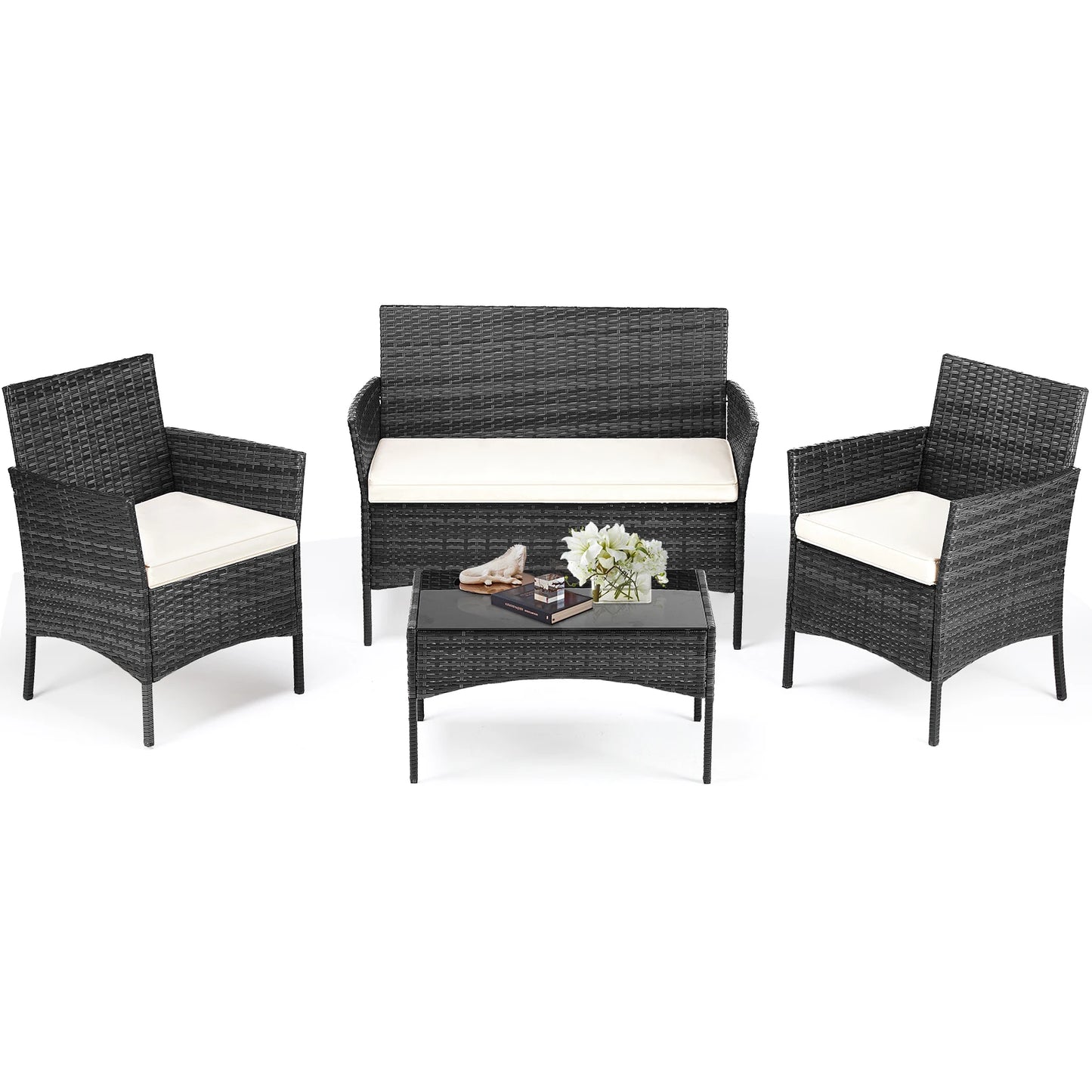 JHK 4 Piece Outdoor Patio Furniture Set with Soft Cushion and Glass Table Manual Weaving Wicker Rattan Patio Chairs For Garden