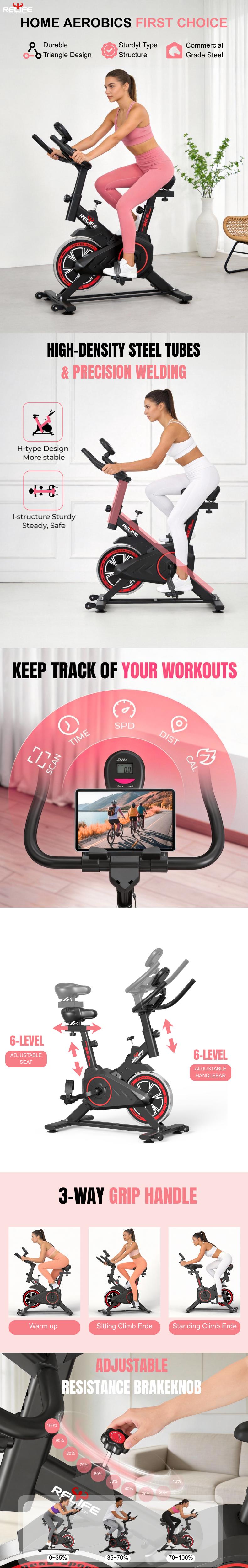 RELIFE Exercise Bike Stationary for Home Indoor,Cycling Bike with Silent Belt Drive for Home Cardio,Brake Pad