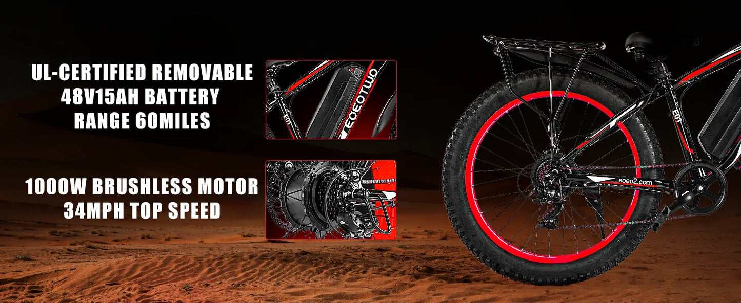 1500W Electric Bike 48V 15Ah Battery 26" 4.0 Fat Tire Ebike 34MPH High Speed Mountain Bicycle Off-Road Snow Bike for Adults