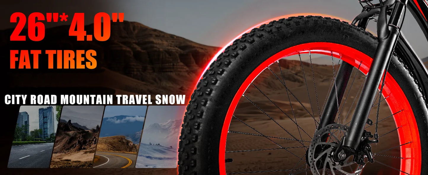 1500W Fat Tire Electric Bike for Adults 26"x4.0 All Terrain Ebike 34MPH Fast Mountain E-Bike 48V Long Range Snow Beach Bicycle