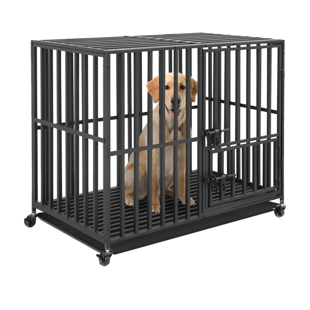 37” 42” 46” Heavy Duty Dog Cage Metal Pet Dog Crate 3 Doors Locks Design Kennel Playpen with 4 Wheels Removable Tray