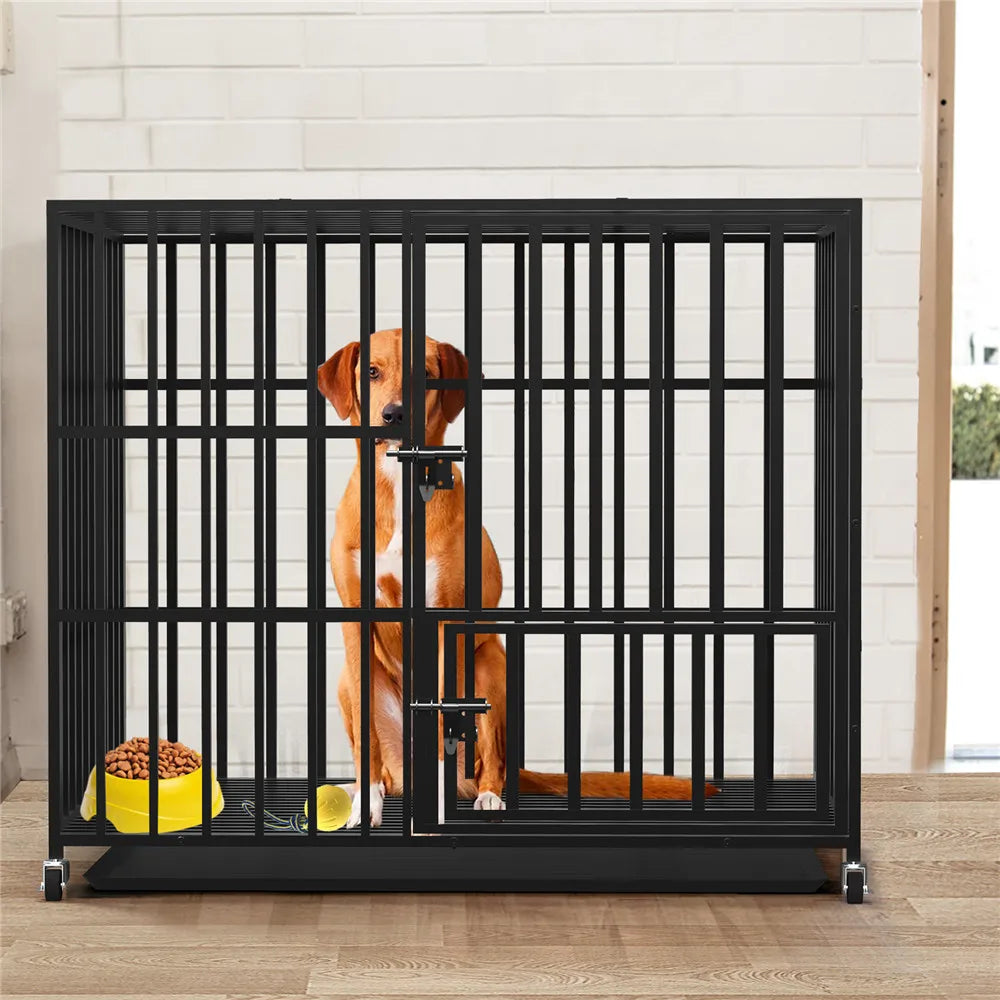 37” 42” 46” Heavy Duty Dog Cage Metal Pet Dog Crate 3 Doors Locks Design Kennel Playpen with 4 Wheels Removable Tray