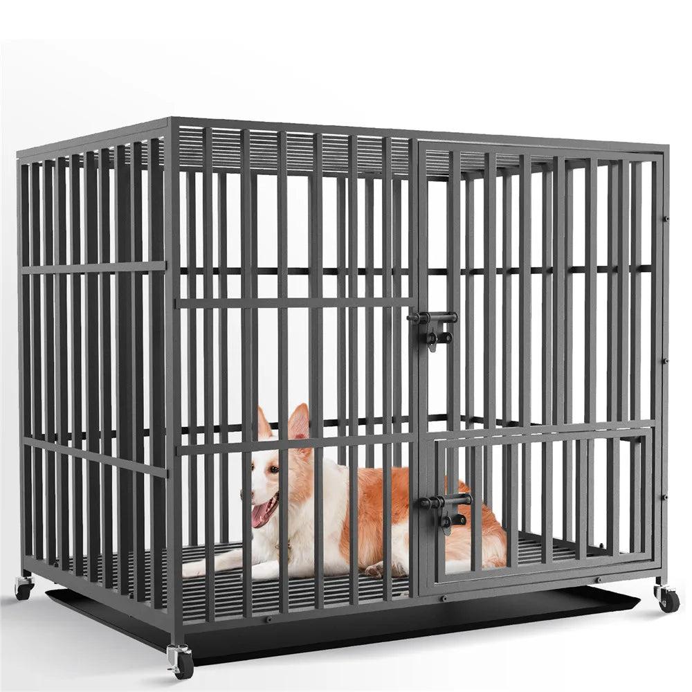 37” 42” 46” Heavy Duty Dog Cage Metal Pet Dog Crate 3 Doors Locks Design Kennel Playpen with 4 Wheels Removable Tray
