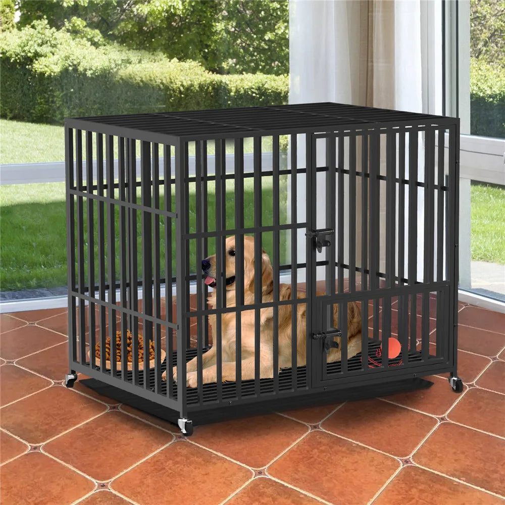 37” 42” 46” Heavy Duty Dog Cage Metal Pet Dog Crate 3 Doors Locks Design Kennel Playpen with 4 Wheels Removable Tray