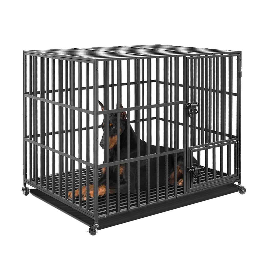 37” 42” 46” Heavy Duty Dog Cage Metal Pet Dog Crate 3 Doors Locks Design Kennel Playpen with 4 Wheels Removable Tray