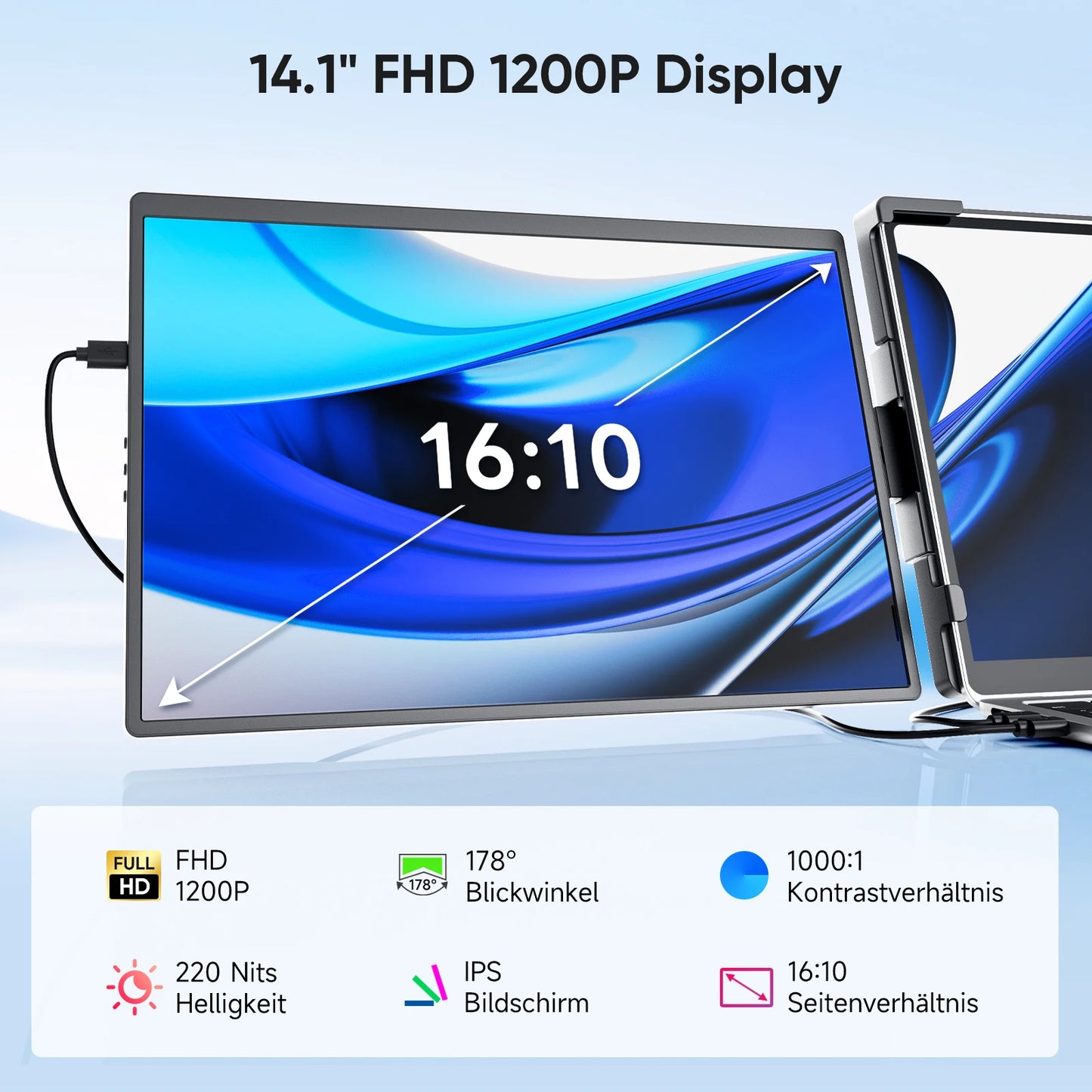 14.1inch Laptops Screen Extender Triple Dual 1200P IPS Portable Monitor for Windows PC MacBook Chrome Laptop 13.3-17.3