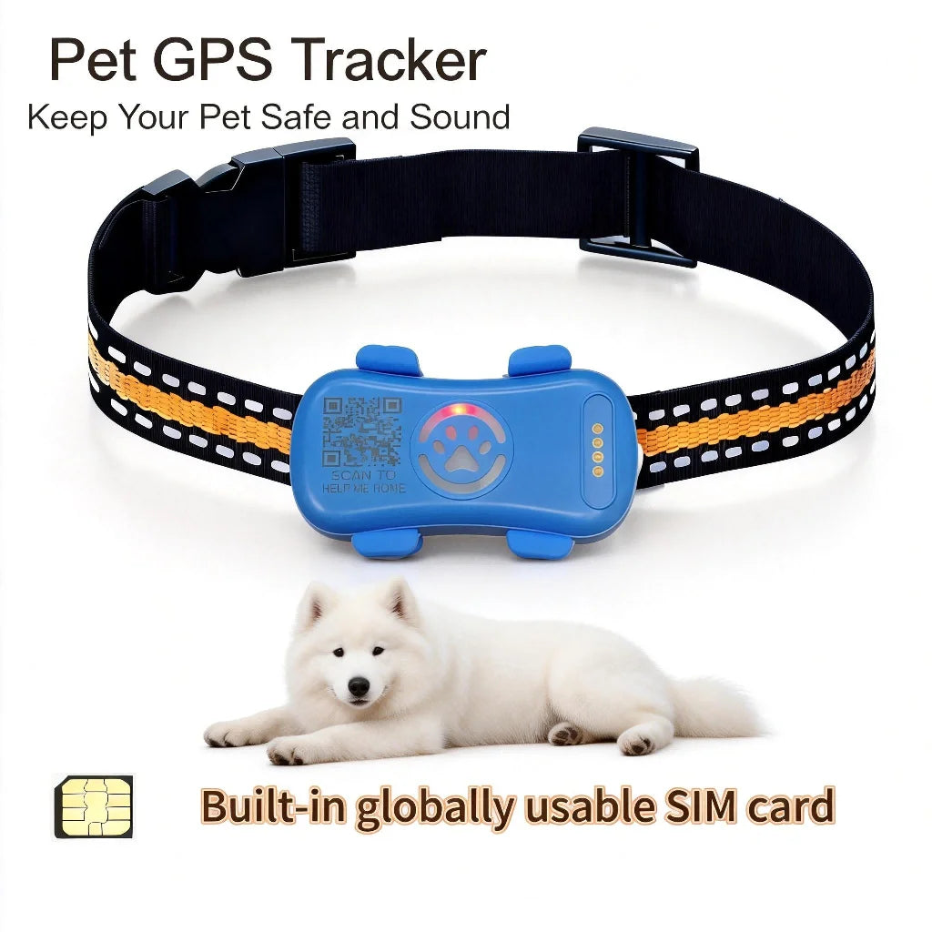 GPS Pet Tracker for Dogs Cats Built-in IoT Sim WiFi Tracking Unlimited Distance QR Code Anti-Lost Locator, Subscription Required