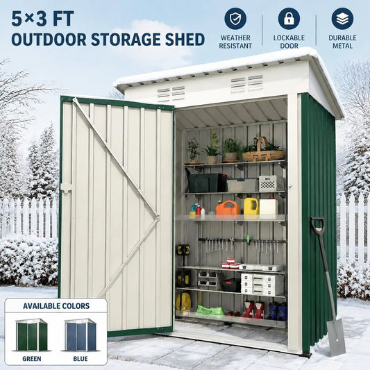 Heavy Duty 5x3 FT Metal Outdoor Storage Shed Weather Resistant Garden Tool Storage House with Sloped Roof Lockable Door Backyard Patio Equipment Organizer