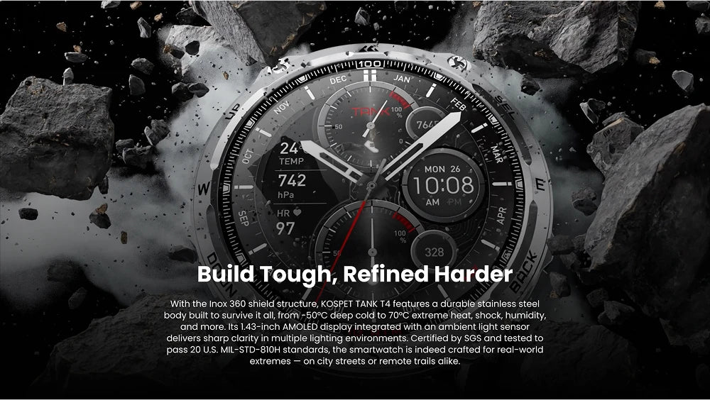T4 Smart Watch for Men 6-Sat GPS Offline Maps 10ATM Waterproof Heart Rate Diving Skiing Hiking for Android iOS