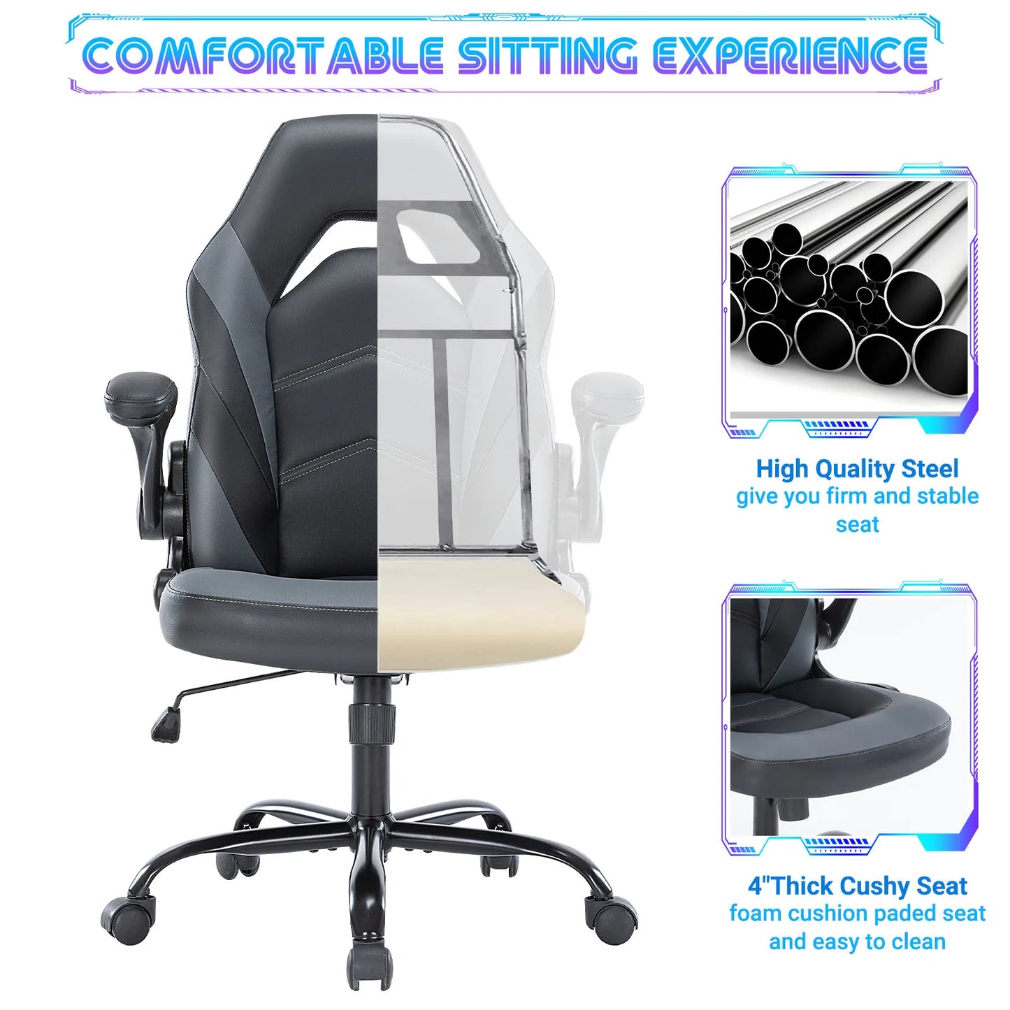 JHK Ergonomic Office Computer Home Gaming Desk Chair Adjustable PU Leather Racing Chair Flip-up Armrest