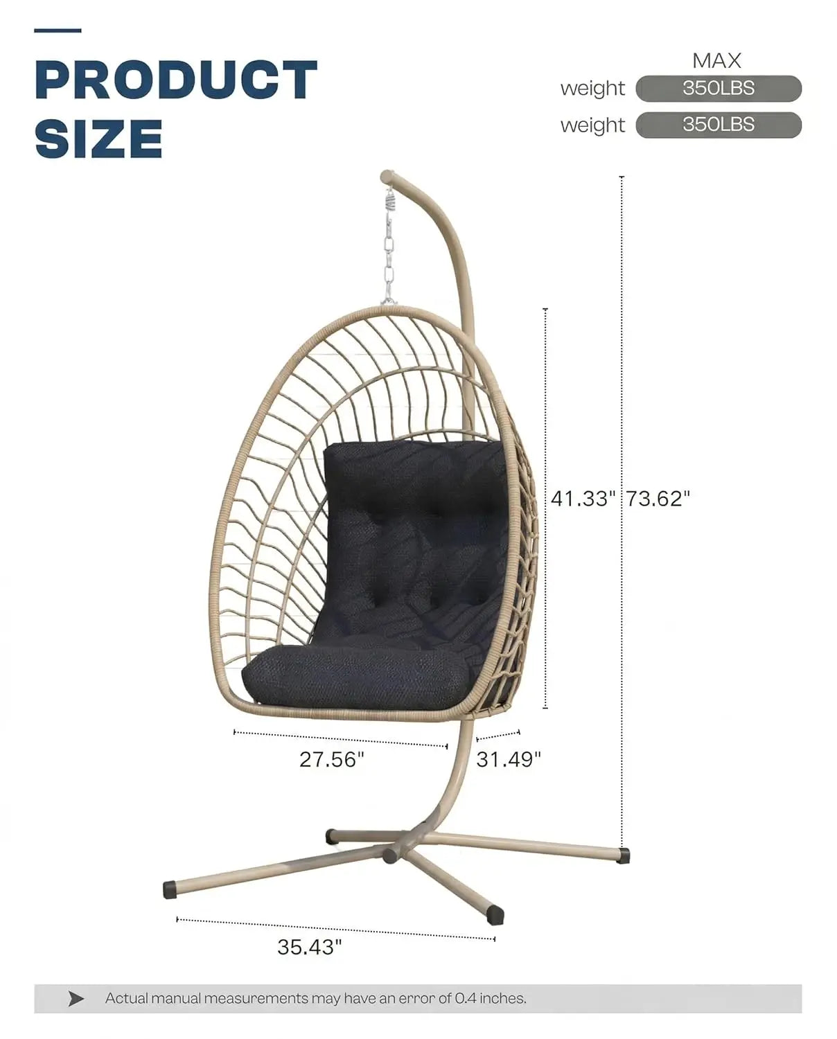 PE Rattan Egg Chair With Stand Hanging Swing Cushion Heavy Duty Metal Frame 350lbs Patio Porch Garden Bedroom 2pcs Customized