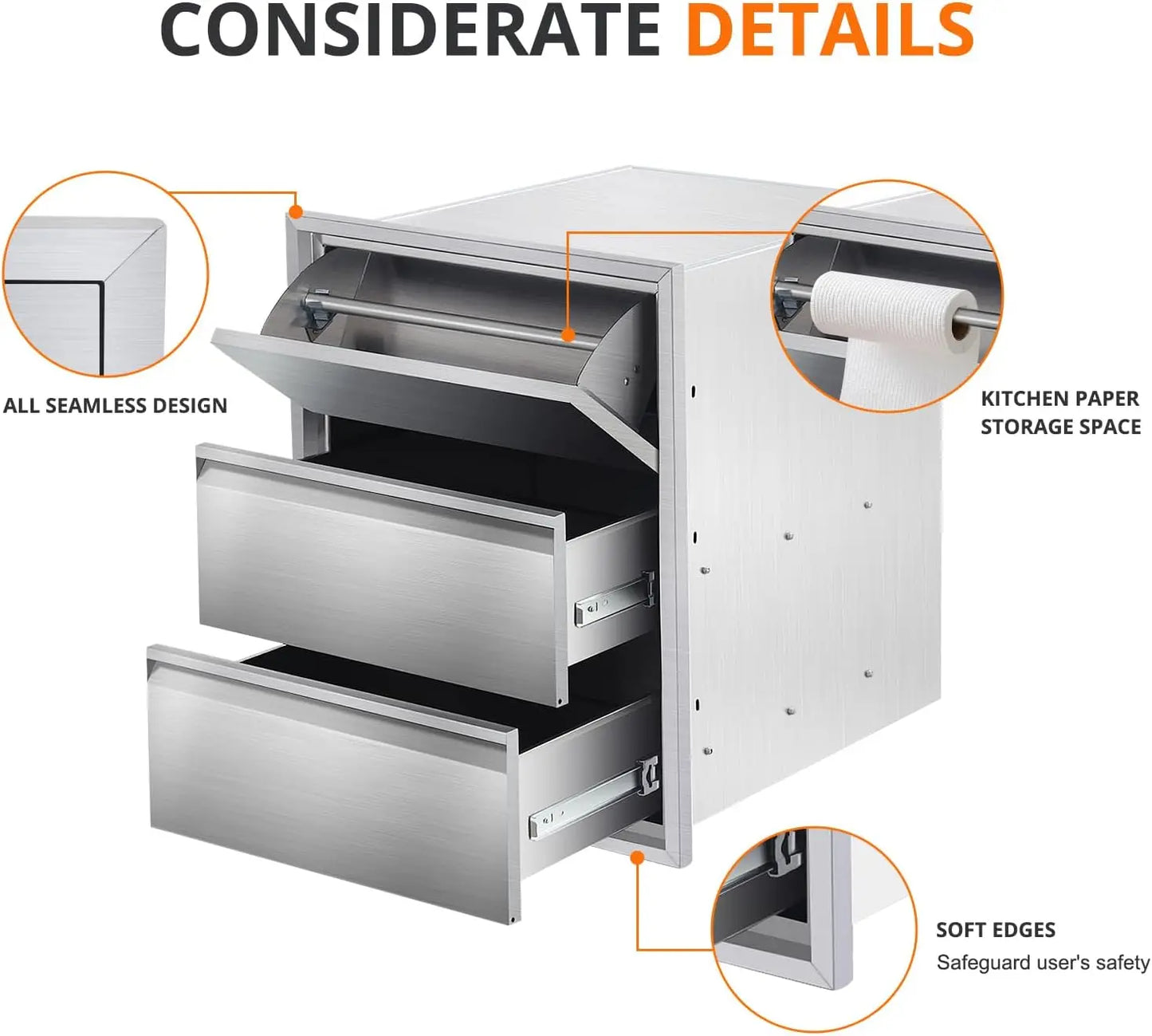 Outdoor Kitchen Drawers with Paper Towel Holder, Stainless Steel Outdoor Kitchen Drawers, 3-Layer Flush Mount BBQ Drawers