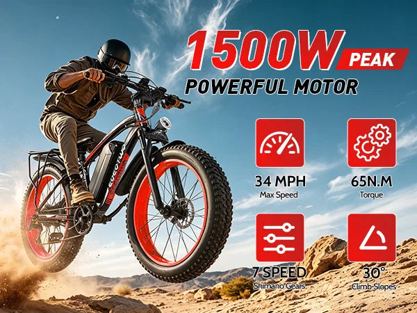 EOEOTWO 1500W Electric Bike 48V 15Ah Battery 26" 4.0 Fat Tire Ebike 34MPH High Speed Mountain Bicycle Off-Road Snow Bike for Adults