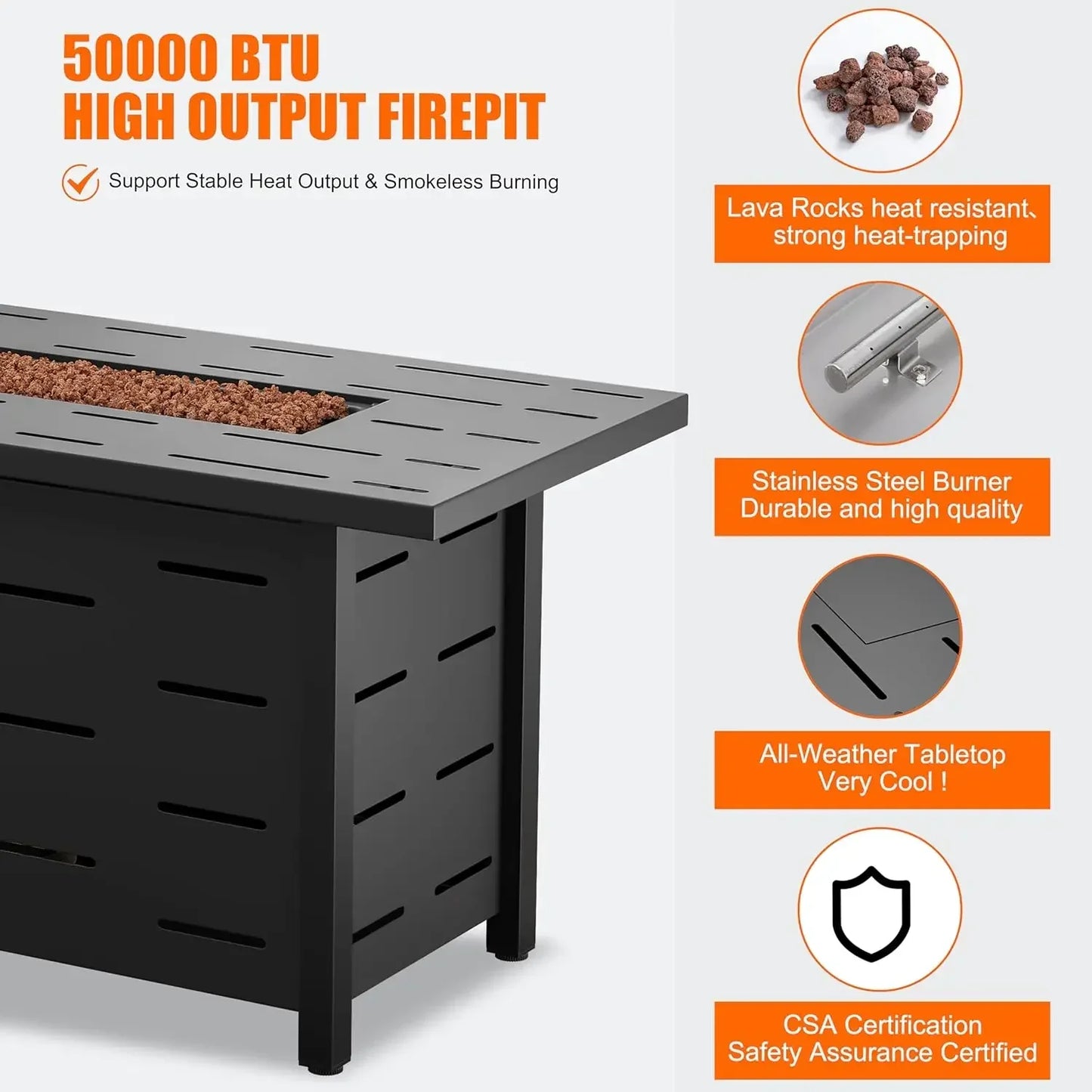 Walsunny 43 inch Outdoor Propane Fire Pit 50,000 BTU Gas Fire Pit Table with Lid, Waterproof Cover, Rectangle Gas Firepit Table