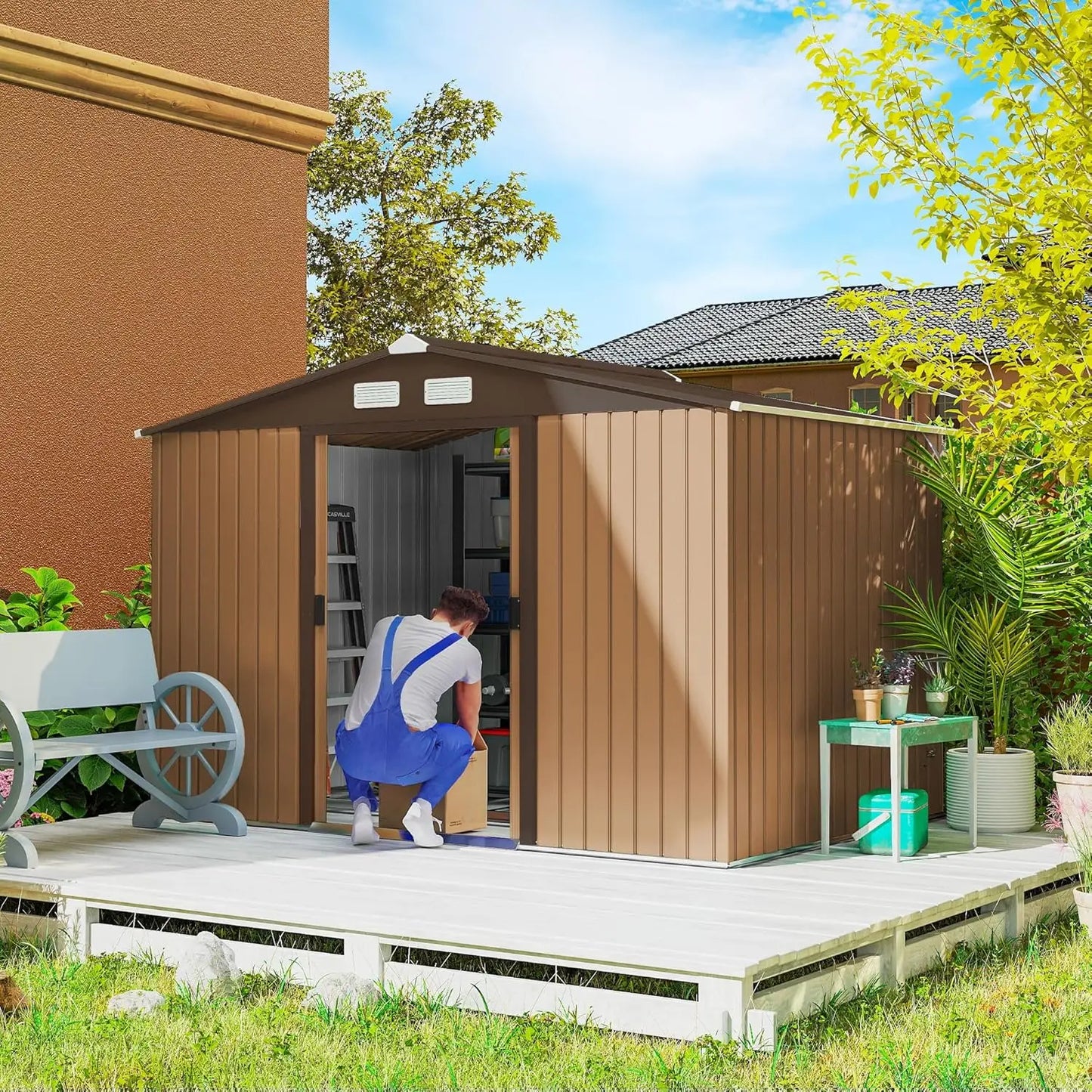 9x6ft Metal Outdoor Storage Shed Tool House Double Lockable Door Air Vents Sloping Roof Backyard Patio Lawn Customized