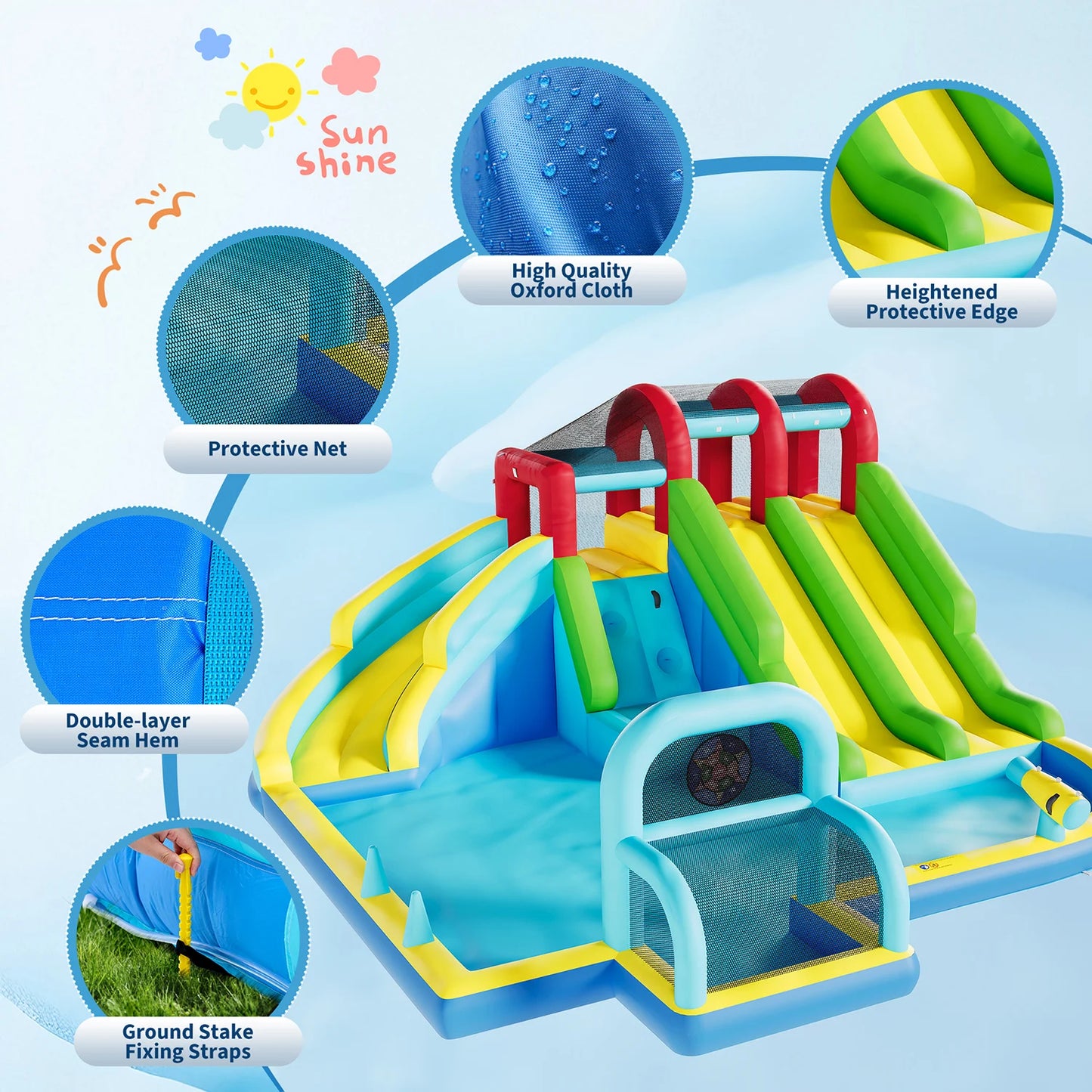 Inflatable Bounce House 3 Water Slides Oxford Fabric Bouncy Castle Kids Play Center with Blower for Indoor Outdoor Backyard Fun
