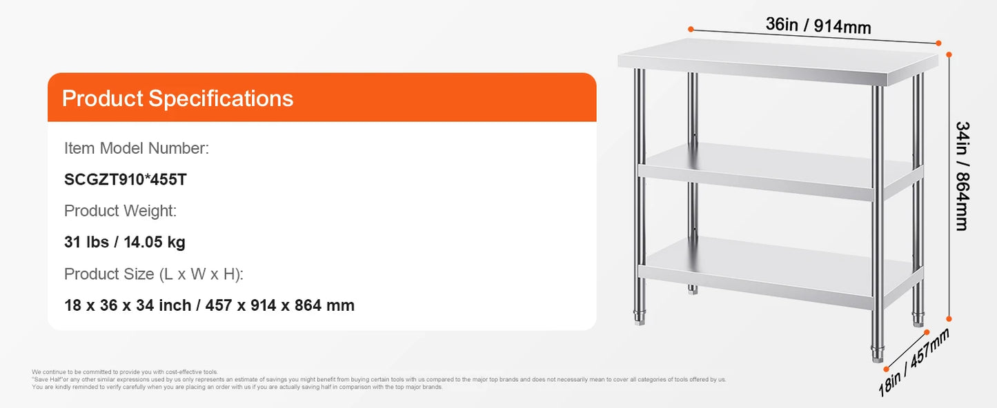 Stainless Steel Food Prep Table Commercial Kitchen Worktable with 2 Adjustable Undershelf for BBQ Kitchen Home Garage