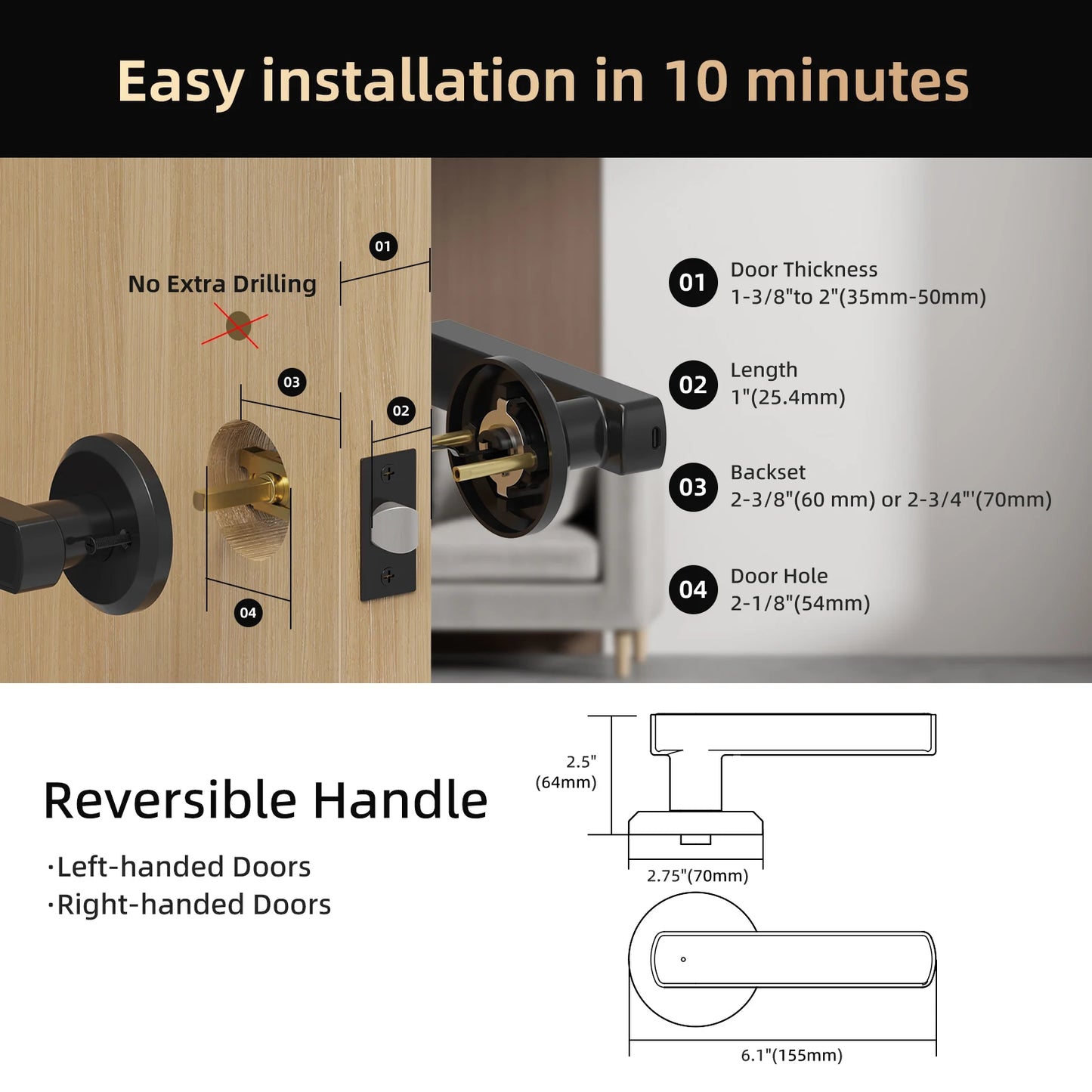 Handle Shaped Smart Lock Fingerprint Door Lock App Control Passcode Unlock Electronic Touchscreen Keypad Indoor