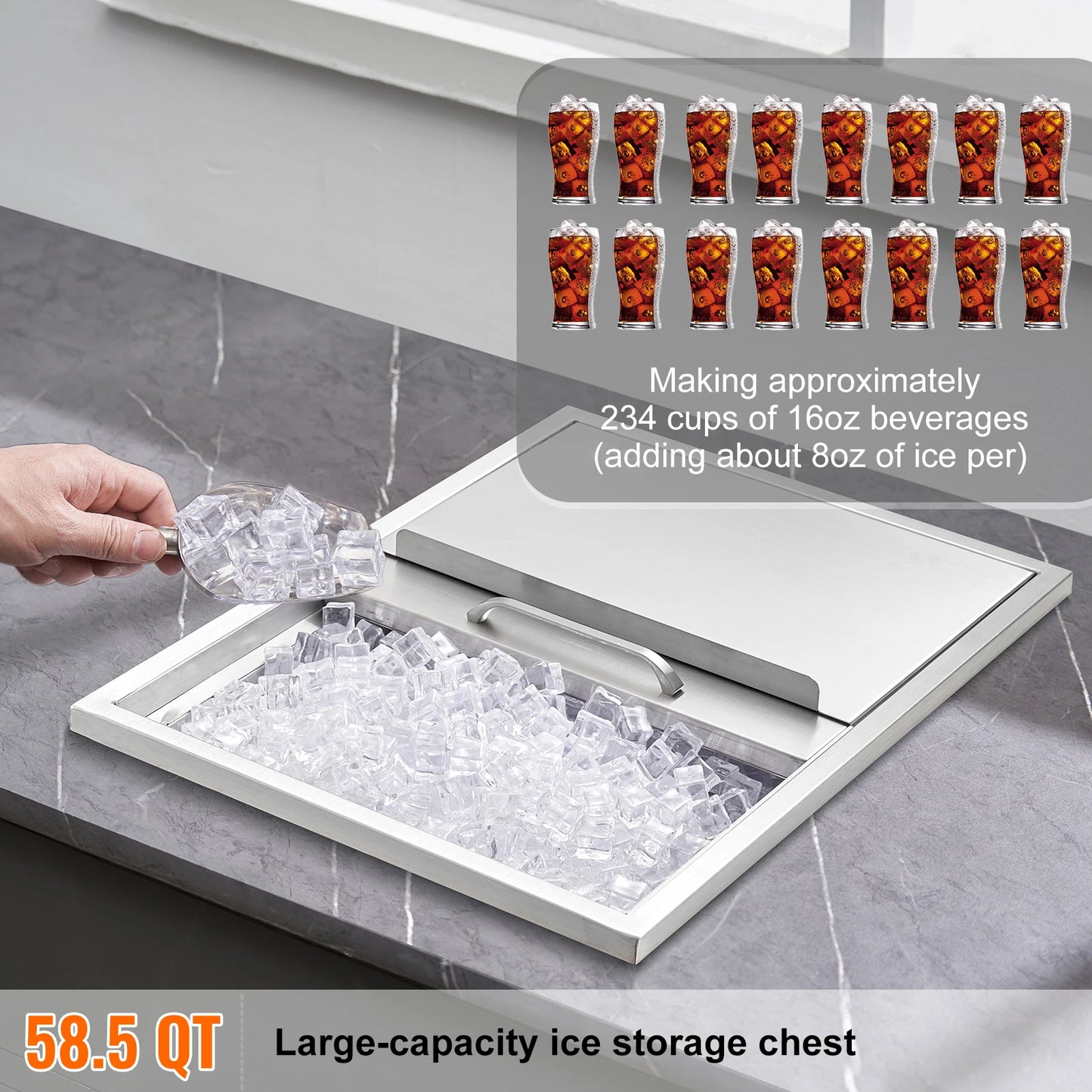 SucceBuy Drop in Ice Chest Stainless Steel Ice Cooler Commercial Ice Bin with Sliding Cover Outdoor Kitchen Ice Bar