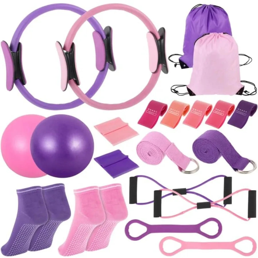 21 Pcs Pilates Ring Circle Set for Women, Includes 9.8 in Ball Yoga, Ring Stretching, Strap Bands, Non Slip Socks, Back Bags fo