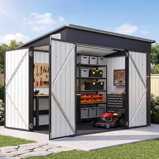 Outdoor Storage Shed with 3 Lockable Doors & 14mm PP Floor | 7.5x4 FT Metal Garden Shed with Floor, Outdoor Storage Cabinet with Sloping Roof for Backyard, Black